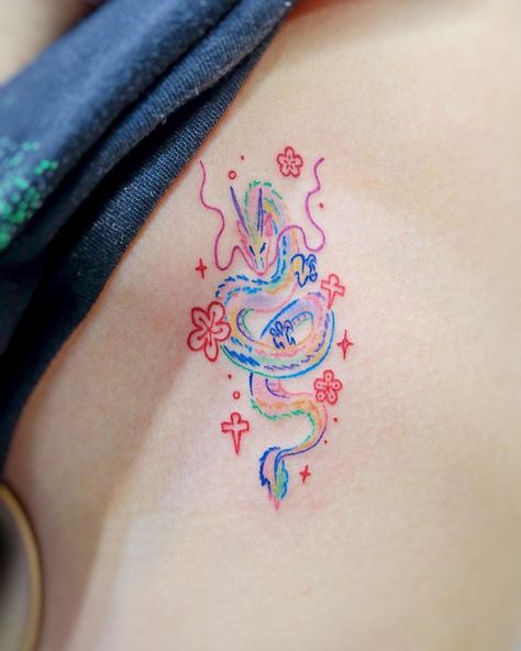 Color Tattoo Styles, Small Colour Tattoo, Cute Color Tattoos, Colored Tattoos For Women, Cute Colorful Tattoos, Color Dragon Tattoo, Symmetrical Tattoo Design, Colorful Dragon Tattoo, Colourful Tattoo Ideas