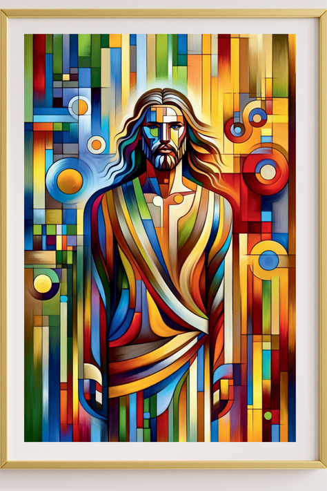 Colorful modern jesus in stained glass style in frame Jesus Abstract Painting, Sunday School Classroom Decor, Contemporary Christian Art, Sunday School Decorations, Modern Christian Art, Jesus Christ Art, School Decor, Jesus Wallpaper, Jesus Painting