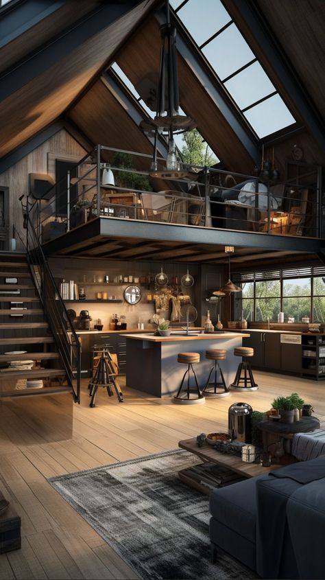 Warehouse House Design, Interior Design Garage, Shop Loft Ideas, 2nd Floor Loft, Industrial Loft Apartment, Loft Houses, Loft Exterior, Loft Homes, Loft House Design