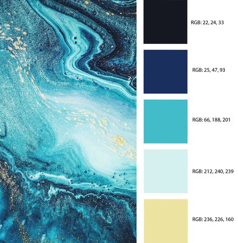 Fluid Art Colour Combinations, Cerulean Blue Palette, Resin Colour Combinations, Bioluminescence Color Palette, Colour Palette Ocean, Fluid Art Color Combinations, Ocean Fairy, Style Tips And Tricks, Paint Color Combos