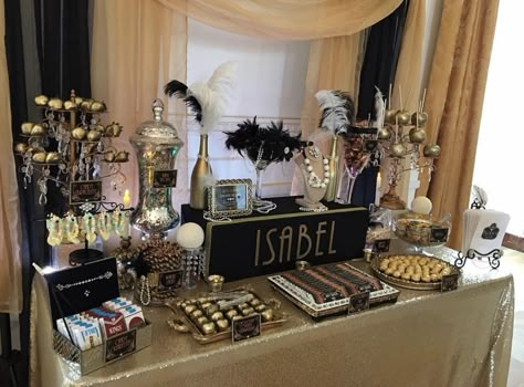 Great Gatsby Sweet Table, Great Gatsby Dessert Table Ideas, Great Gatsby Treats Dessert Tables, Old Hollywood Dessert Table, Great Gatsby Charcuterie Board, 1920s Dessert Table, Great Gatsby Treats, Roaring 20s Dessert Table, Great Gatsby Party Decorations Birthdays