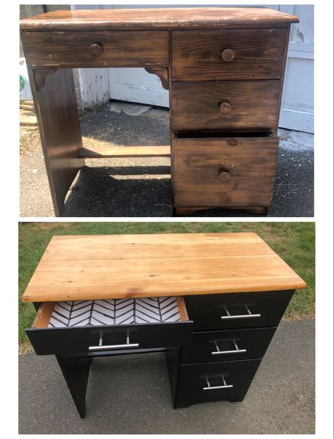 Dresser Into Desk Diy, Wood Desk Restoration, Diy Old Desk Makeover Ideas, Refurbished Desk Ideas, Refurbished Desks, Wooden Desk Makeover, Desk Upcycle Ideas, Old Desk Makeover Diy, Refinish Desk