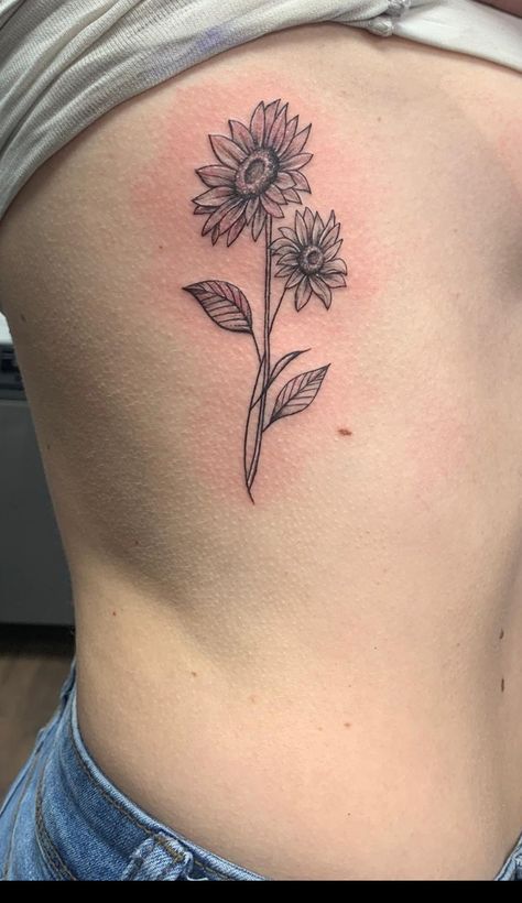 Cute Sunflower Tattoos For Women, Small Black Sunflower Tattoo, Side Sunflower Tattoo, Sunflower Tattoo On Side Ribs, Sunflower Tattoo With Date, Sunflower Tattoo On Ribs, Sunflower Tattoo Placement Ideas, Double Sunflower Tattoo, 3 Sunflowers Tattoo