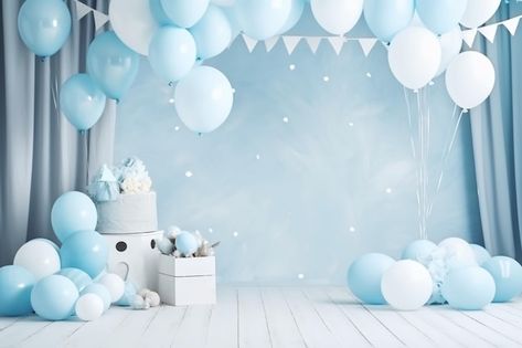 Premium Photo | Baby shower decoration gender reveal baby shower card party art 1st Birthday Photo Backdrop, Blue And White Balloons, Birthday Photo Backdrop, Baby Background, 1st Birthday Photo, Baby Photo Editing, Card Party, Baby Shower Card, Baby Shower Decoration