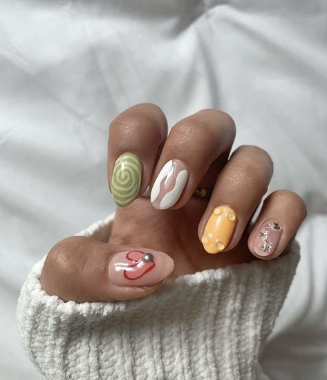 Mismatched Nails Summer, Mismatch Nails, Mismatched Nail Art, Interesting Nails, Mismatched Nails, Match Nails, Mix Match Nails, Summer Sets, Manicure Inspiration