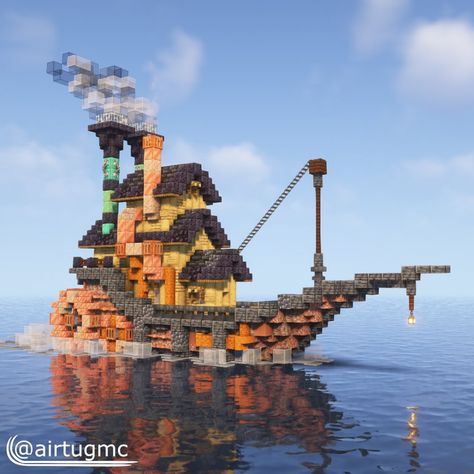 Airtug (@airtugmc) • Instagram photos and videos Minecraft Steampunk Lighthouse, Air Ship Minecraft, Minecraft Ship House, Steampunk Ship Minecraft, Minecraft Airship Dock, Freya Minecraft Builds, Minecraft Boat Design, Minecraft Ship Blueprint, Minecraft Building Ideas Steampunk