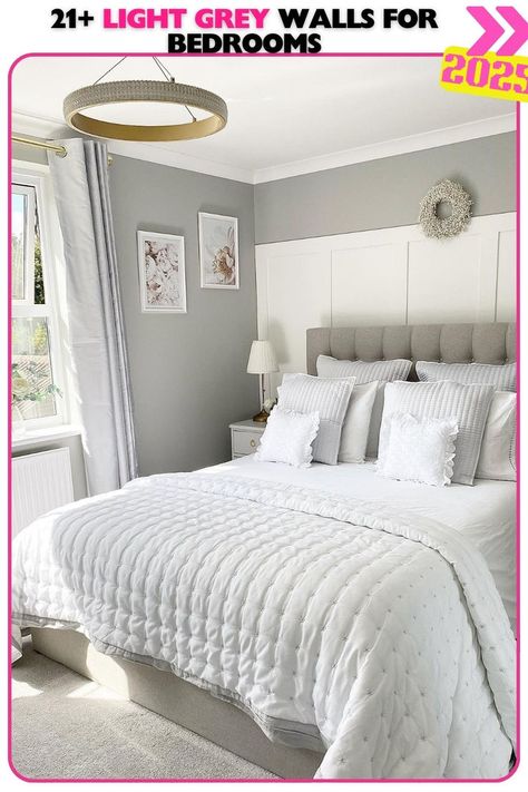 Soft grey bedroom with white bedding, creating a peaceful, refreshing space. Neutral tones enhance serenity and keep it inviting. Light Gray Headboard Bedroom, Grey Wall Ideas, Soft Grey Bedroom, Grey Headboard Bedroom, Girls Bedroom Grey, Light Pink Bedrooms, Girls Bedroom Lighting, Retreat Design, Light Gray Bedroom