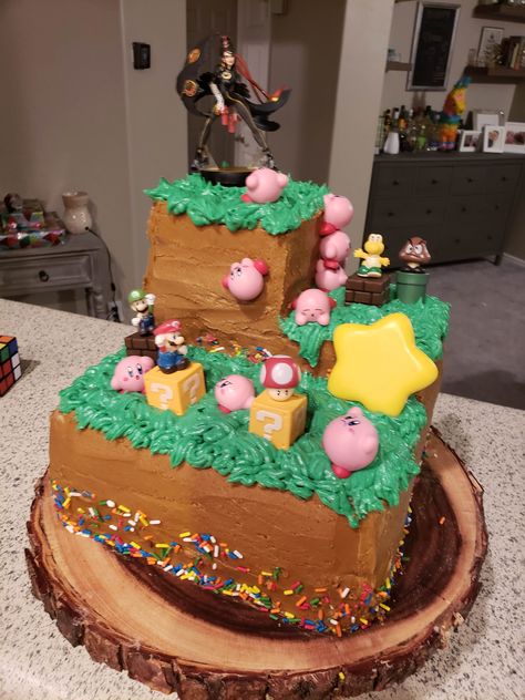 Smash Bros Cake Birthdays, Super Smash Birthday Party, Kirby Cake Ideas, Mario Birthday Food, Smash Bros Cake, Super Smash Bros Cake, Mario Bros Birthday Cake, Kirby Cake, Super Smash Bros Party