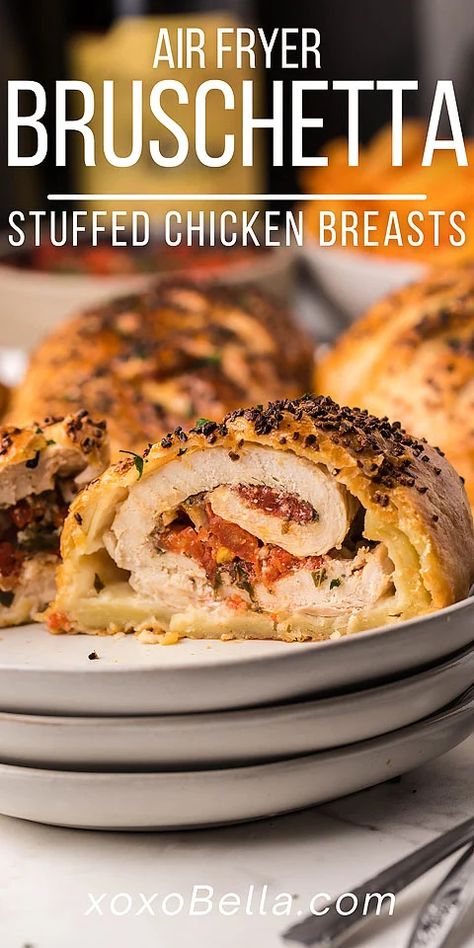 This air fryer bruschetta stuffed chicken breasts recipe infuses chicken with the best Italian flavours. Chicken, tomatoes and provolone cheese pair up beautifully in this easy chicken recipe. Whip up this easy bruschetta chicken bake for dinner and you won't be disappointed. It is such a great air fryer chicken recipe that you can enjoy year round. know you are going to love this bruschetta chicken bake with chicken, tomatoes and provolone cheese. #airfryer #chicken #provolone #italian Air Fryer Bruschetta, Bruschetta Chicken Bake, Chicken Bruschetta Bake, Chicken Tomatoes, Chicken Breasts Recipe, Easy Bruschetta, Easy Chicken Recipe, Chicken Roll Ups, Stuffed Chicken Breasts