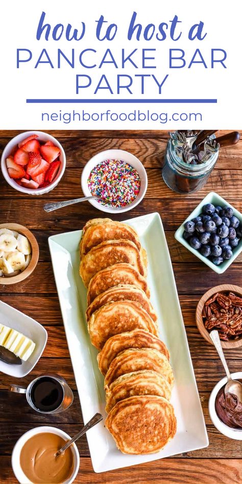 Pancake Station Ideas, Breakfast Birthday Party For Adults, Pancake Bridal Brunch, Breakfast Bar For Party, Breakfast Bar Birthday Party, Pancake Breakfast Party, Pancakes For A Party, Hosting Pancake Breakfast, Sleepover Pancake Bar