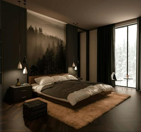 Dark Walls Small Bedroom, Male Master Bedrooms Decor, Brown And Black Bedroom Ideas, Male Bedroom Decor, Bedroom Male, Male Bedroom, Male Bedroom Ideas, Cozy Bedroom Design, Modern Luxury Bedroom