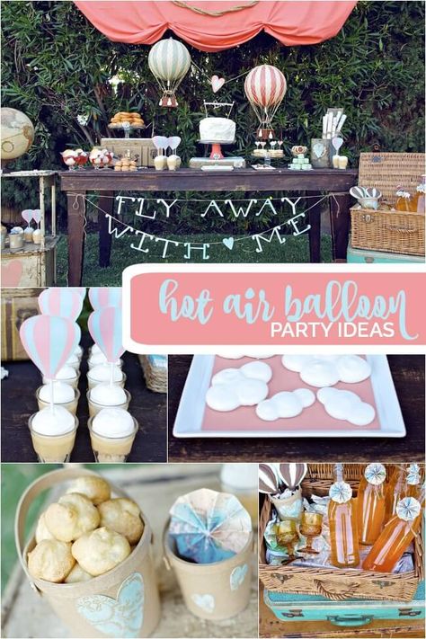 A Vintage Hot Air Balloon Party. Great for mommies and daddys who really love vintage styled and vintage plane, hot air balloons. Tried and test Baby Shower theme that will sure to impress your guest. Hot Air Balloon Party Food, Balloon Props, Hot Air Balloon Party Theme, Hot Air Ballon Party, Air Balloon Party, Hot Air Balloon Invitation, Air Balloon Birthday, Baby Shower Girl Diy, Hot Air Balloon Party