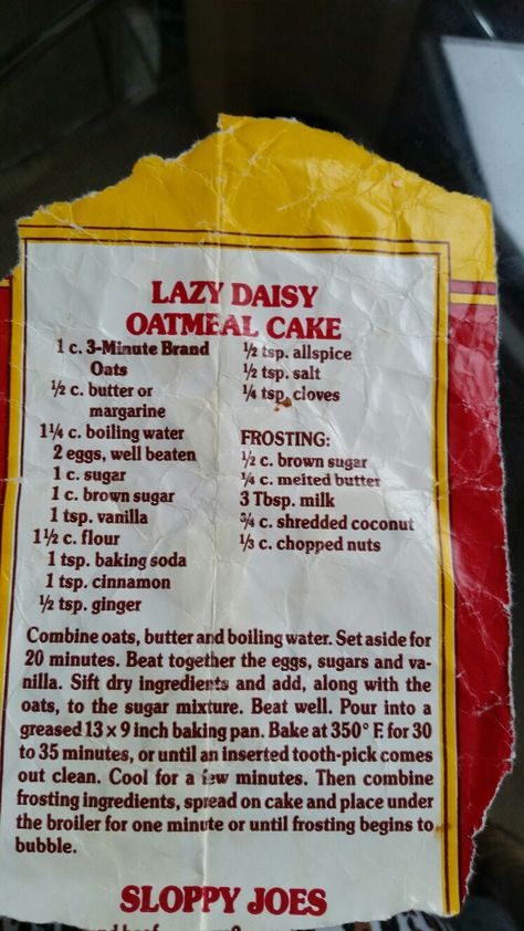 Lazy Daisy Oatmeal Cake, Lazy Day Oatmeal Cake Recipe, Lazy Daisy Cake, Lazy Cake Cookies, Lazy Cake, The Southern Lady Cooks, Southern Lady Cooks, Oatmeal Cake, Daisy Cakes