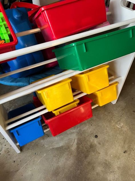 Repurpose Toy Bin Organizer, Spray Painting Plastic Bins, Spray Paint Plastic Bins, How To Paint Plastic Containers, Painting Plastic Bins, Kid Storage, Spray Paint Storage, Upcycle Toys, Toy Organization Diy