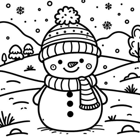 A cheerful snowman with a jovial face stands in the center of a winter landscape. It’s wearing a striped scarf and a beanie with a pom-pom, both adorned with patterns. Gentle snowflakes fall from the sky, and the background features rolling hills dotted with small trees, all under a blanket of snow. Winter Sketches Simple, How To Draw A Snowman, Scene Drawing Ideas, Doodle Snowman, Twinkling Tree, Christmas Drawing Ideas, Easy Christmas Drawings, Christmas Cards Drawing, Christmas Artist