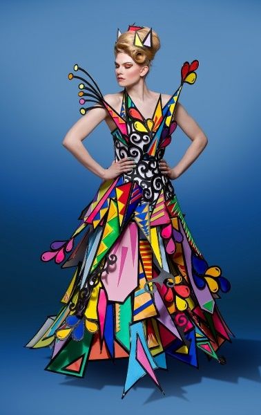 Love the concept, colors. geometry and material -foamboard Stain Glass Inspired Dress, Pop Art Dress Outfits, Cubism In Fashion, Stained Glass Inspired Fashion, Pop Art Dress Fashion, Unconventional Dress Materials, Pop Art Textiles, Pop Art Fashion Clothes, Unique Dresses Creative