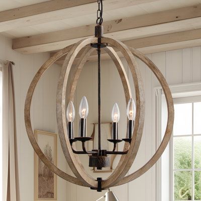 Elegant and gorgeous are the words to describe this beautiful sphere globe wood 4-light chandelier, a classic farmhouse item that will be perfect for your bedroom, foyer, entry, and even kitchen. It would be an eye-catching item to brighten your home. | Gracie Oaks 4 - Light Globe Orb Wood Chandelier Wood / Metal in Brown | 24 H x 20 W x 20 D in | Wayfair Italian Farmhouse Lighting, Farmhouse Chandelier Foyer Entryway, Modern Farmhouse Chandelier Bathroom, Staircase Chandelier Modern Farmhouse, Round Wood Chandelier, Entryway Light Fixture Farmhouse, Foyer Ideas Entryway Lighting, Wood And Black Chandelier, Stairway Chandelier Farmhouse