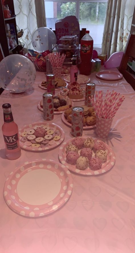 #pink #theme #birthday #party #partyfood Pink Theme For Birthday, Pink Birthday Party Snacks, Pink Birthday Slumber Party, Pink Birthday Party Sleepover, Cute Small Birthday Party Ideas, Pink Birthday Sleepover Ideas, Pink Themed Sleepover, B Day Party Ideas For Girls 13, 13 B Day Party Ideas