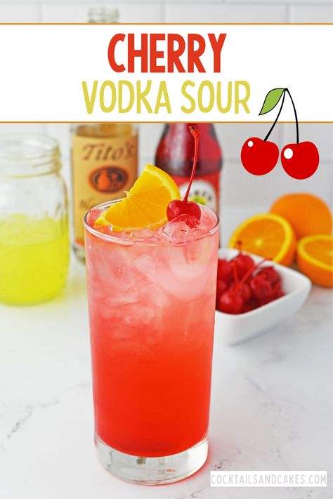 This Cherry Vodka Sour is an easy cocktail made with vodka, grenadine, and lemon-lime sour mix. Cherry Vodka Drinks, Vodka Recipes Easy, Vodka Sour Recipe, Titos Vodka Recipes, Flavored Vodka Drinks, Cherry Vodka Sour, Cocktails Made With Vodka, Vodka Sour, Drink For Summer