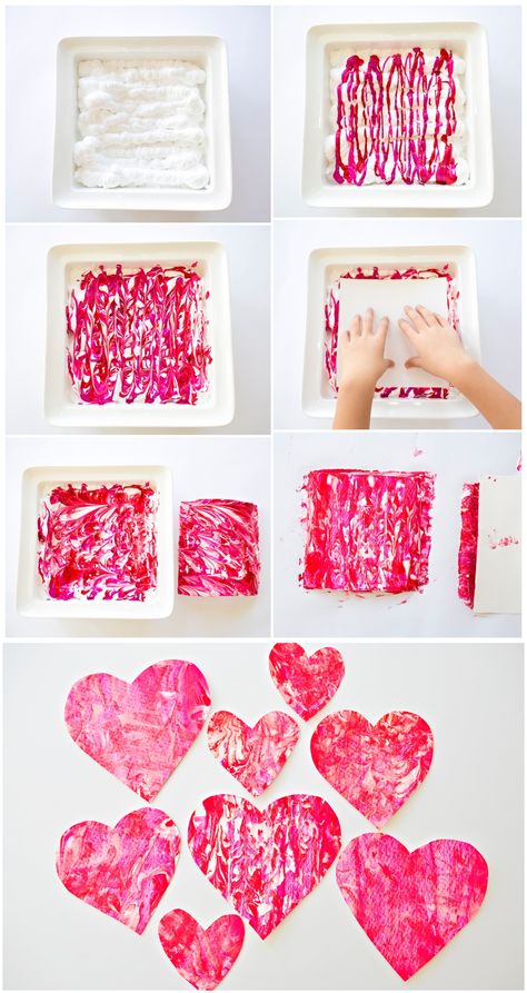 Valentine Shaving Cream Hearts. Fun process art project for kids to make handmade paper valentine prints, cards, garlands and favors! Valentines Day Art Projects For Toddlers, Sculpture Dress, February Kindergarten, Valentines Bricolage, Valentine Art Projects, February Crafts, Art Project For Kids, Preschool Projects, Valentine's Day Crafts For Kids