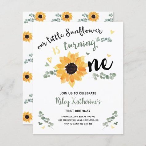 $ 1.27 | Budget Little Sunflower 1st Birthday Invitation #budget sunflower 1st birthday #summer fall autumn #first birthday party #baby girl #turning one #cute little sunflower #yellow floral #sage green #watercolor hearts eucalyptus #cheap inexpensive affordable Fall First Birthday Party, 1st Birthday Summer, Sunflower 1st Birthday, Sunflower Birthday Party, Sunflower Birthday Parties, Fall First Birthday, Sunflower Birthday, Watercolor Sunflowers, Sunflower Theme