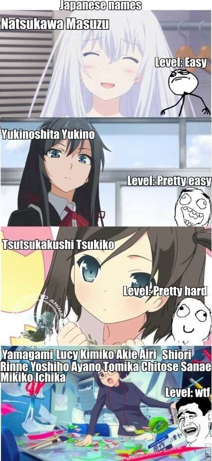 japanese pronounciation is tricky...LOL xD someday i will be able to speak it and have no problem with stuff like this!! Japanese Pronunciation, Otaku Problems, Otaku Issues, Collateral Beauty, Anime Rules, Me Anime, Memes Anime, Japanese Names, Anime Jokes