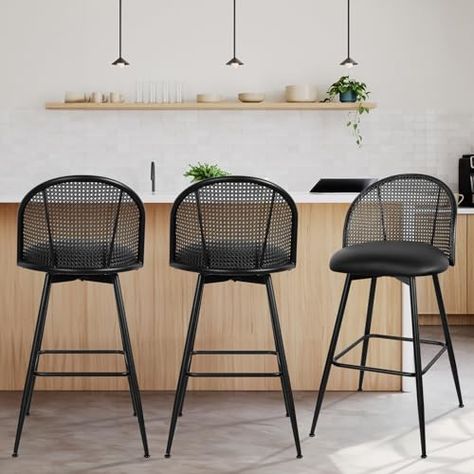 Bekrvio 29" Bar Height Bar Stools Set of 3 Swivel Barstool with Black Rattan Cane Backs, Mid-Century Modern Faux Leather Upholstered Tall Bar Chair Stools for Kitchen Island and Counter, Black Black Bar Chairs, Black Rattan Bar Stools, Black Barstools In Kitchen, Kitchen Bar Stools With Backs, Black Stool, Rattan Stool, High Bar Stools, Bamboo Bar, Bar Stools With Backs