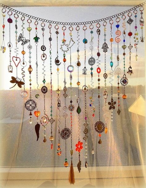 Bohemian Bead Curtain, Jewelry On Wall Ideas, Aesthetic Beaded Curtain, Hanging Crystals Window Diy, Crystal Beaded Curtains, Boho Beaded Curtains Diy, Beaded Window Valance, Whimsical Window Treatments, Glass Bead Hanging Decor