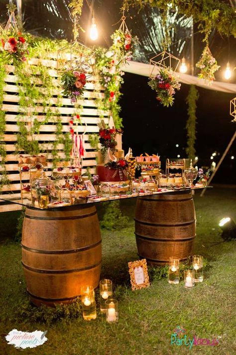 Boho Themed Wine Barrel Dessert Table from a Boho Vintage 21st Birthday Party on Kara's Party Ideas | KarasPartyIdeas.com (22) Barrel Dessert Table, Schnee Party, Vintage Dessert Tables, Vintage Party Ideas, 21st Birthday Ideas, 21 Party, 21st Birthday Girl, Birthday Boho, 21st Bday Ideas