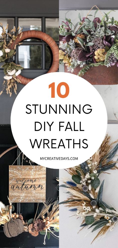 Need a cheap and easy DIY fall décor idea? We're sharing 10 cute and easy DIY fall wreaths for your front door, living room, mantel, and more! Whether you're looking for a DIY fall wreath from nature, with ribbons, burlap, or dollar tree items, we have the perfect DIY fall wreath decoration tutorials for you. Click through for this and more fun DIY fall crafts ideas for adults. DIY fall decorations wreath. Give Thanks Wreath, Inexpensive Fall Wreath Diy, Diy Boho Fall Wreath, Cheap Diy Fall Wreath, Non Wreath Front Door Decor, Natural Door Wreath, Diy Fall Wreath From Nature, How To Make A Hoop Wreath, Straw Wreath Ideas Fall