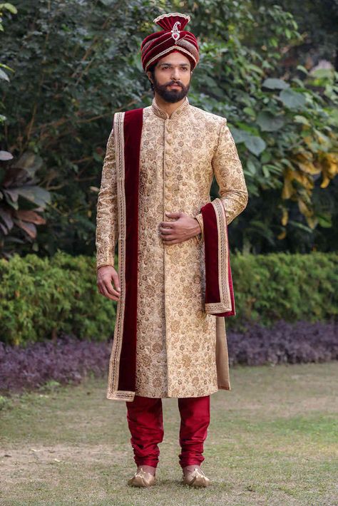 Royal Fawn Sherwani with Red Churidar Red Churidar, Red Sherwani, विवाह की दुल्हन, शादी की तस्वीरें, Wedding Blazer, Indian Groom Dress, Sherwani For Men Wedding, Wedding Kurta For Men, Groom Dress Men