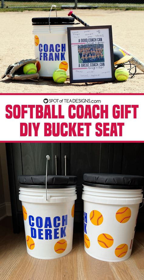 Baseball Coach Gift Ideas Cricut, Diy Softball Coach Gifts, Softball Buckets Ideas, Diy Baseball Coach Gifts, Coaches Gift Ideas Softball, Softball Gifts For Coaches, Gifts For Softball Team, Softball Coaches Gifts, Softball Pins Trading Ideas