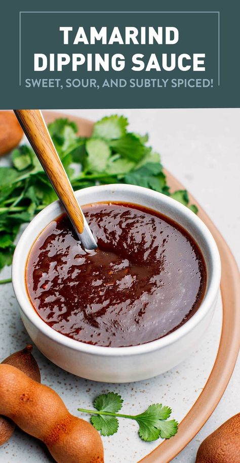 Tamarind Dipping Sauce - Full of Plants Indian Dipping Sauce Recipes, Tamarind Recipes Vegan, Tamarind Sauce Recipe, Tamarind Dipping Sauce, Authentic Spanish Recipes, Tamarind Recipes, Recipes Sauces, Tamarind Fruit, Vegan Chicken Nuggets