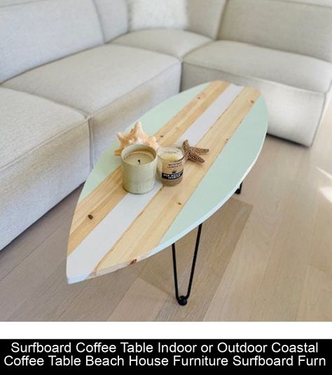 Elevate your living space with our Surfboard-Inspired Coffee Table, a modern and chic addition to any décor. Crafted with care in our workshop in Myrtle Beach, this piece is designed to catch eyes and spark conversations. The table pictured measures: Length: 46 inches Height: 17 inches Width: 18 inches With a variety of colors and stains available (options in listing), you can tailor this table to your taste. Simply specify your preferences in th Beach Theme Apartment Decor, Surf Shack Decor Style Inspiration, Surfboard Living Room, Simple Beach Room Decor, Beach Apartment Aesthetic, Beach Apartment Decor Coastal Style, Beach House Interior Living Room, Surf Board Table, Painted Surfboard Ideas