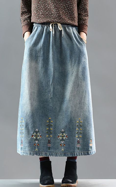 Denim Skirt Embroidery, Casual Embroidered Denim Skirt, Spring Embroidered Cotton Denim Skirt, Embroidered Blue Denim Skirt, Bohemian Denim Skirt With Patchwork Details, Skirt With Embroidery, Long Sleeve Dresses Fall, Plant Embroidery, Embroidery Denim