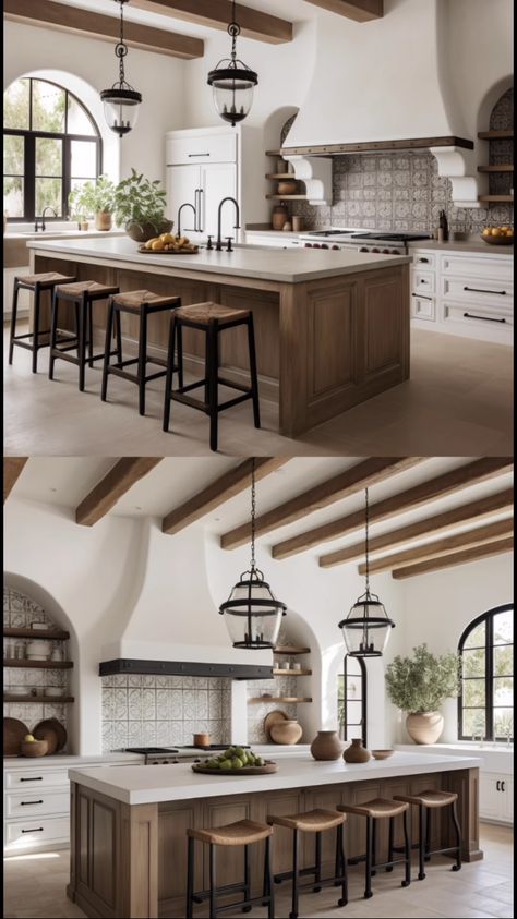 Spanish Modern Kitchen, Modern Tuscan Kitchen, Modern Spanish Kitchen, Cabinet Kitchen Island, Modern Mediterranean Kitchen, Backsplash Ideas Kitchen, Style Hacienda, Spanish Style Home Interior, Island Kitchens