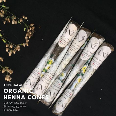 💯 HALAL ORGANIC HENNA CONES 🌿 NO CHEMICALS ADDED SAFE FOR YOUR SKIN HOMEMADE WITH ONLY NATURAL PRODUCTS 🌿 RICH STAIN GUARANTEED Henna Making, Organic Henna Cones, Organic Henna, Quote Islam, Henna Cones, Book Art Diy, Prayer Quotes, Natural Products, Art Diy