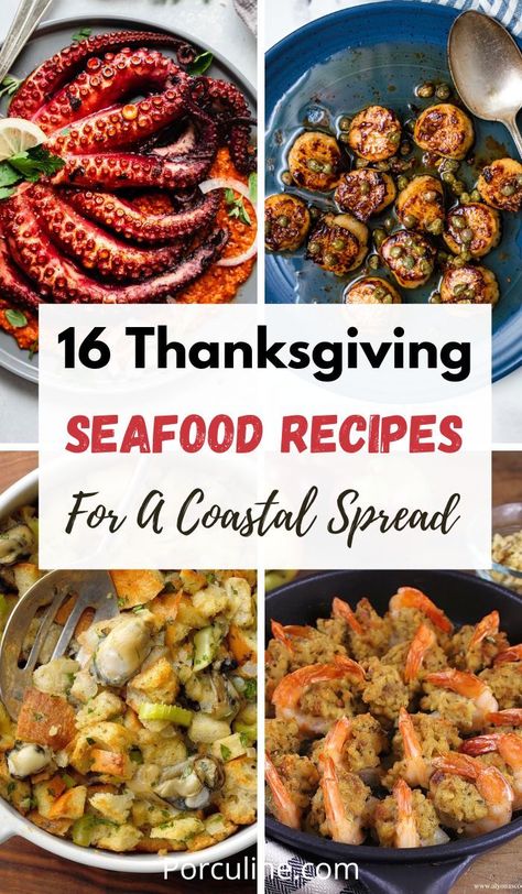 Seafood Thanksgiving Ideas Seafood Dressing Recipe Thanksgiving, Seafood Thanksgiving Dinner Ideas, Pescatarian Thanksgiving, Seafood Dressing Recipe, Seafood Thanksgiving, Thanksgiving Main Dish, Thanksgiving Mains, Dressing Recipes Thanksgiving, Traditional Thanksgiving Dinner