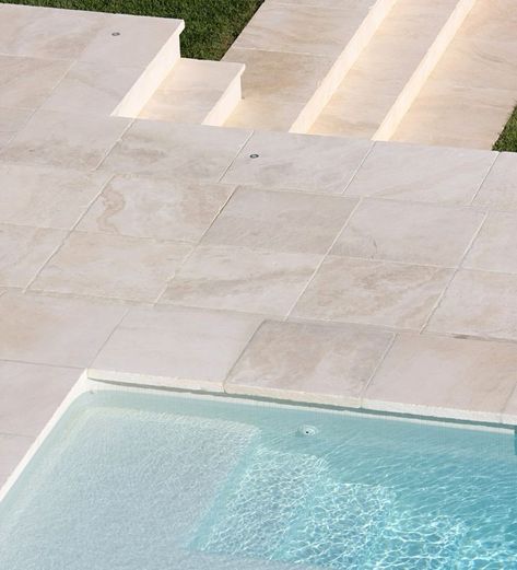 White Limestone Pool Deck, Limestone Pool, Pool Inground, Landscape Design Backyard, Exterior Steps, Limestone Exterior, Travertine Pool Decking, Pool Paving, Inground Pool Landscaping