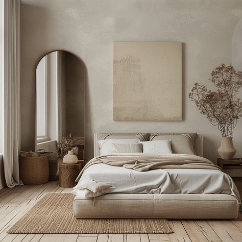 Minimalist Bedroom Floor Bed, Bedroom Ideas Minimalist Cozy Vintage, Big Space Bedroom Ideas, Earth Tone Room Ideas, Small Bedroom Ideas Indian Style, Modern Mediterranean Decor Bedroom, Sleek Bedroom Design, Tulum Bedroom Ideas, Slow Living Bedroom