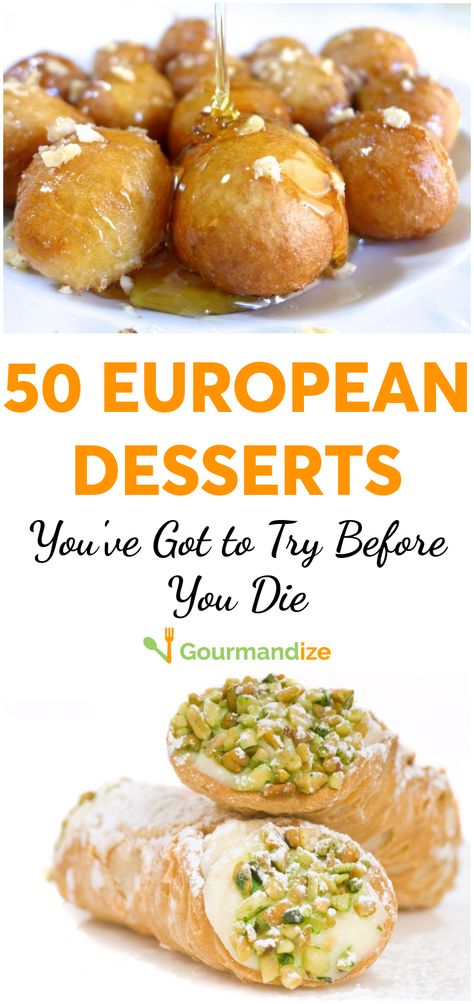 Europe's hiding a wealth of dessert goodies that you don't want to miss. Here's a list of 50 must-try treats that are only an ocean—or recipe—away! European Baking Recipes, European Baked Goods, European Pastry Recipes, Complicated Desserts, European Dessert Recipes, International Dessert Recipes, International Pastries, Foreign Desserts, Unusual Desserts