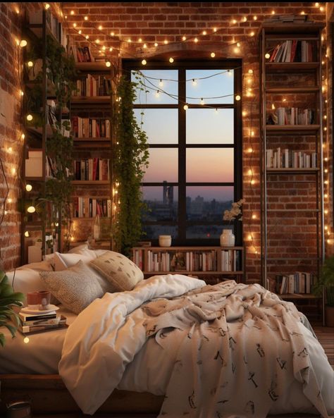 Cozy Artistic Bedroom, Cosy Bedroom Bookshelf, Cozy Light Academia Bedroom, Cozy Bedroom Aesthetic Fairy Lights, Bookish Apartment, Bookish Bedroom Aesthetic, Bedroom Window Aesthetic, New York Bedroom Aesthetic, Bookshelf Inspo Bedroom