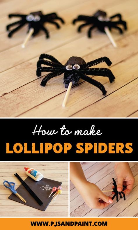 how to make lollipop spiders pinterest Tootsie Pop Spiders, Lollipop Spiders Pipe Cleaners, Spider Lollipops Pipe Cleaners, Sucker Spiders, Halloween Crafts Spider, Lollipop Spiders, Halloween Lollipop Ideas, Spider Suckers, Spider Lollipops