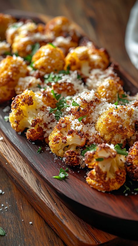 Crispy Parmesan Roasted Cauliflower Crispy Oven Roasted Cauliflower, Cauliflower Roasted Recipes, Crispy Roasted Cauliflower, Cauliflower Roasted, Roasted Cauliflower Recipe, Bright Line Eating Recipes, Keto Vegetables, Parmesan Roasted Cauliflower, Oven Roasted Cauliflower