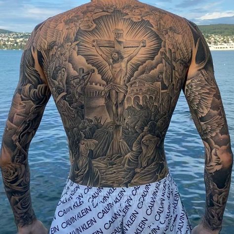 Back Cross Tattoos, Cash Tattoo, Christus Tattoo, Tato Salib, Tato Flash, Catholic Tattoos, Biblical Tattoos, Hard Tattoos, Christ Tattoo