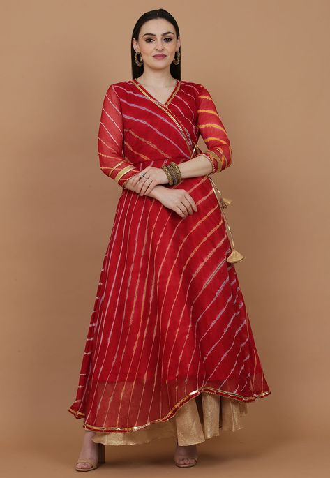 Faux Chiffon Angrakha Style Anarkali Kurta in Red This Readymade Attire is Enhanced with Leheriya Print and Gota Lace Work. Crafted in V Neck and Quarter Sleeves Its Length is 45 inches Do note: Bottom and Accessories shown in the image are for presentation purpose only and length may vary upto 2 inches.(Slight variation in actual color vs. image is possible). Lehriya Kurta Designs, Leheriya Anarkali Dress, Latest Bandhani Dress Pattern, Ang Rakha Style Kurti, Bandhej Kurti Designs Latest, Leheriya Kurti Designs Latest, Lehriya Kurti Designs Latest, Leriya Kurti Design, Lahariya Dress