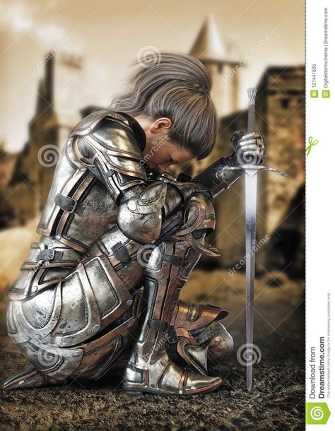 Female Warrior Knight Kneeling Wearing Decorative Metal Armor With A Castle In The Background. Stock Illustration - Illustration of heavy, plate: 121441635 Knight Kneeling, Evvi Art, Angelo Guerriero, Female Warrior Tattoo, Metal Armor, Fesyen Islam, Female Armor, Angel Warrior, Prophetic Art