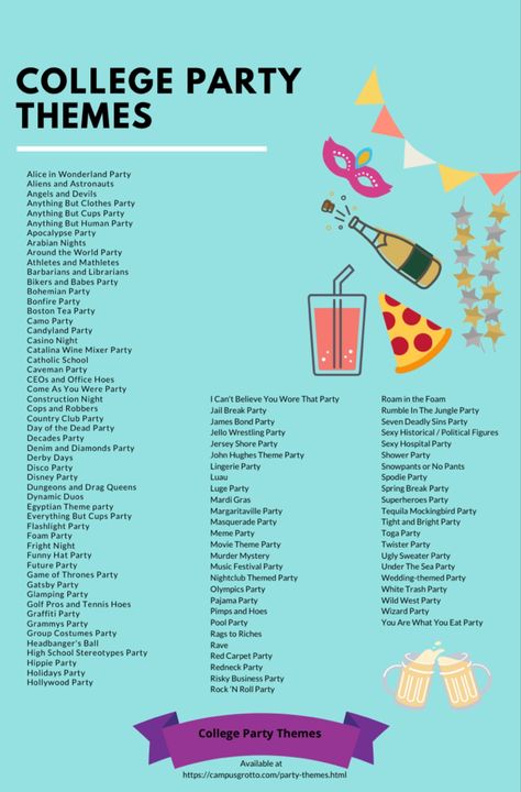 Fun College Party Themes, Theme For College Event, Themes For College Fest, College Party Ideas Themes, College Fest Theme Ideas, Random Party Themes, Cool Party Themes College, Party Themes For Adults Fun Ideas, Funny Themed Parties For Adults