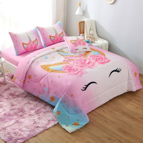 PRICES MAY VARY. 🦄Fluffy Comfort: Indulge in the softness of keyroal unicorn comforter set, crafted from 100% ultra-fine microfiber fabric. This material offers superior durability and color fastness, ensuring long-lasting comfort for years of use. 🦄Exquisite Craftsmanship: Carefully stitched with precision to prevent clumping or shifting, our lightweight and medium-thickness comforter is suitable for all seasons. Not only a refined bedding ensemble but also an excellent home decor piece that Unicorn And Rainbow Bedroom, Rainbow Unicorn Room, Unicorn Bedroom Ideas, Unicorn Comforter Set, Unicorn Themed Bedroom, Rainbow Bed, Unicorn Bedroom Decor, Unicorn Flower, Rainbow Bedroom