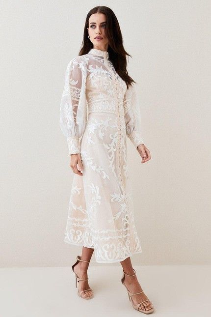 Best Semi-Formal Dresses for Women over 50 - Prime Women | An Online Magazine Women Midi Dress, Christening Outfit Women, Layered Dress Outfit, Baptism Outfit Women, White Dress Midi, Applique Dresses, Midi White Dress, Bridal Outfit Ideas, Long Sleeve White Dress